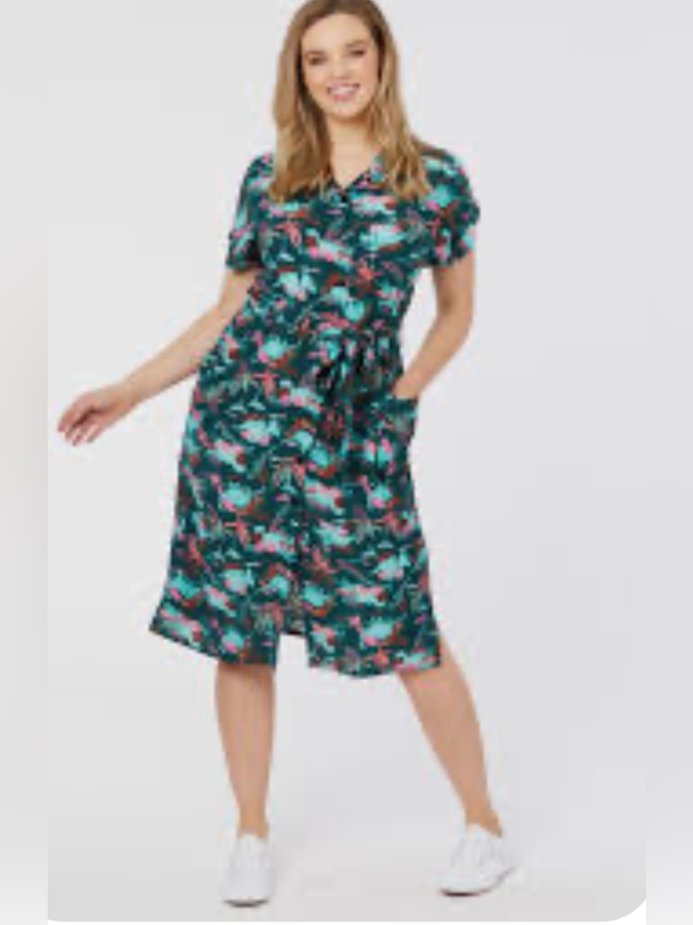 Joanie Meronti Dinosaur Print Collared Shirt Dress Retro Novelty Midi Dress